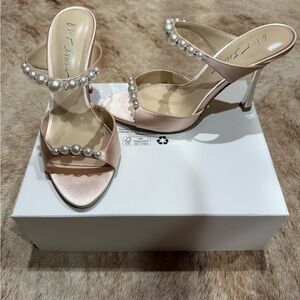 Betsey Johnson Blush Pearl-Trim Satin High Heel Sandals